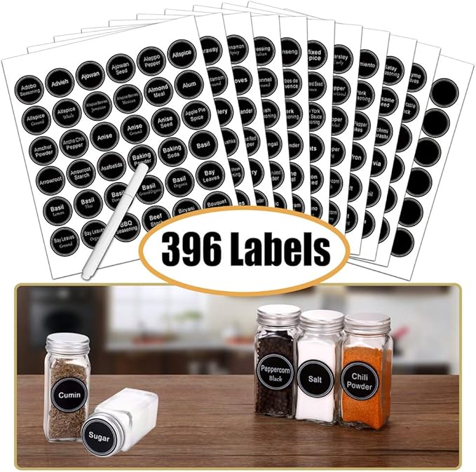 SWOMMOLY Magnetic Spice Rack Organizer with 28 Glass Spice Jars, 396 Spice Labels with Chalk Marker and Funnel Set for Refrigerator, Metal Fridge, Microwave, Cabinet, Countertop,12.9" W x 12.4" H