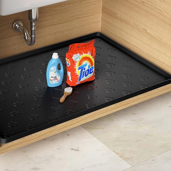 Under Sink Mat 34" x 22" Waterproof Kitchen Cabinet Mat, Flexible Under Sink Liner, Kitchen Bathroom Cabinet Mat Protector for Drip Leak Spill (Black)
