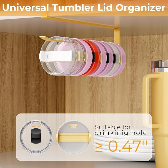 2 PCS Tumbler Lid Organizers, Ample Lid Capacity Up to 30 Lids, No Adhesive No Drill Yeti Lid Organizer Holder Inside Cabinet, Space-Saving Stanley Tumbler Cup Lid Holder Organizer for Kitchen (Gold)