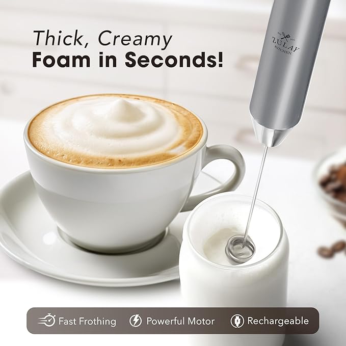 Zulay Kitchen Rechargeable Milk Frother Handheld - Frother Wand, Drink Mixer, Electric Whisk Frother, for Cappuccinos, Matcha & Protein Powder - Lux 4 Whisk 2 Speed Waterproof 2000mAh Silver