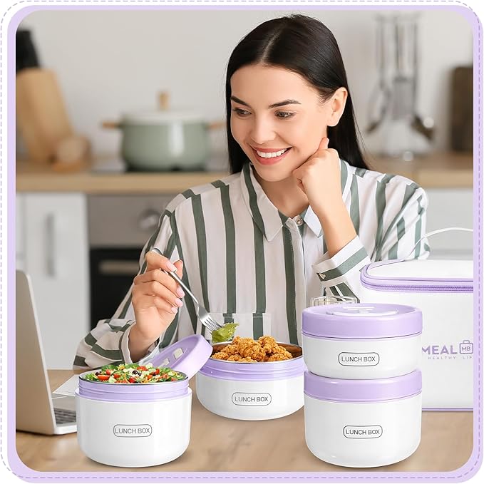 Dandat 4 Pcs Insulated Lunch Container, Portable Bento Box, Stainless Steel Lunch Box, Round Stackable Leakproof Thermal Food Container for Adult Men Women with Insulated Bag, 74 oz(Purple)