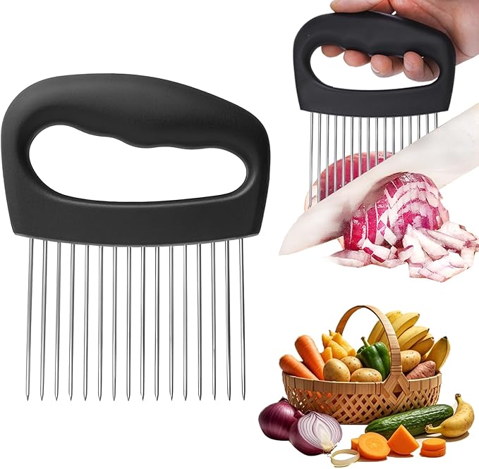 FANTEXY Onion Holder for Slicing - Onion Slicer and Meat Tenderizer Extra Large 16-Prong 304 Stainless Steel, Vegetable Chopper for Potatoes, Tomatoes Slicer Tool for Lemons,Avocados,Carrot