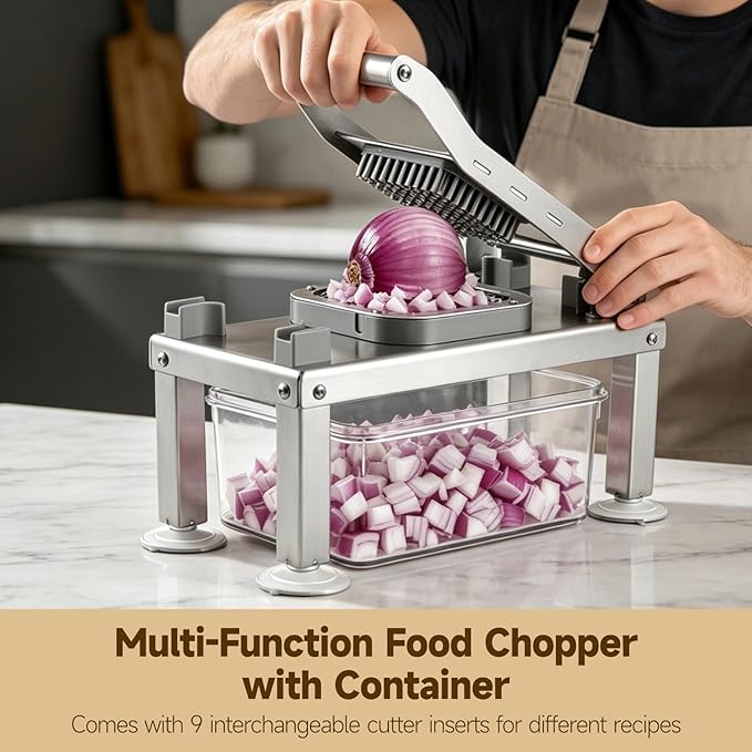 Vegetable Chopper with 9 Cutters, Multi-Function Food Chopper with Container, Mandoline Slicer and Dicer for Onion Potato Cheese Vegetable Cutter, Stainless Steel Cutter Kitchen Prep Tool Set
