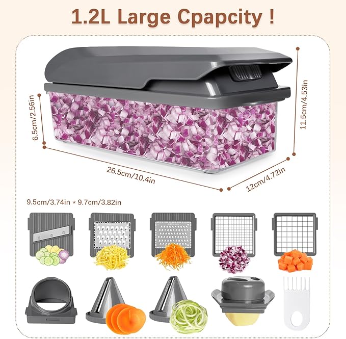 LHS Professional Multifunctional Vegetable Chopper Pro Food Chopper with Food Storage Containers, Mandoline Slicer Onion Dicer Fruit Cutter, Kitchen Gadgets and Home Essentials(11 in 1, Grey)