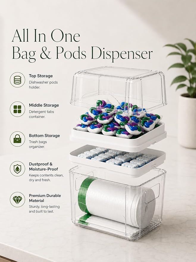 Trash Bag Dispenser & Dishwasher Pods Organizer, Clear Acrylic Garbage Bag Holder Under Sink Organizer With Removable Lid, Laundry Pods Container for Kitchen Pantry Laundry Room
