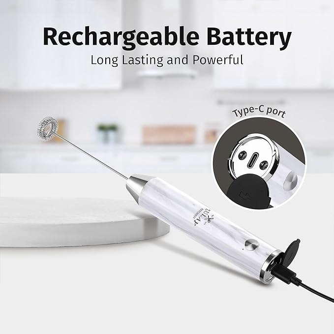 Zulay Kitchen Rechargeable Milk Frother Handheld - Frother Wand, Drink Mixer, Electric Whisk Frother, for Cappuccinos, Matcha & Protein Powder - Lux 4 Whisk 2 Speed Waterproof 2000mAh White Marble