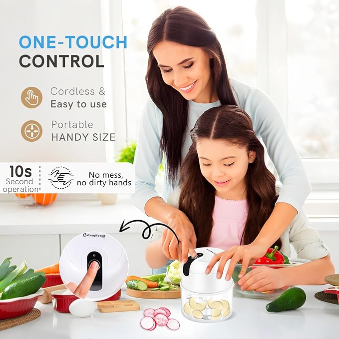 EASYSPEED Mini Electric Garlic Chopper 1Cup, Wireless USB Type-C Food Processor with 304 Stainless Steel, 3 Sharp Blades, Portable Kitchen Vegetable Grinder for Onion, Garlic, Ginger, Chili, Baby Food