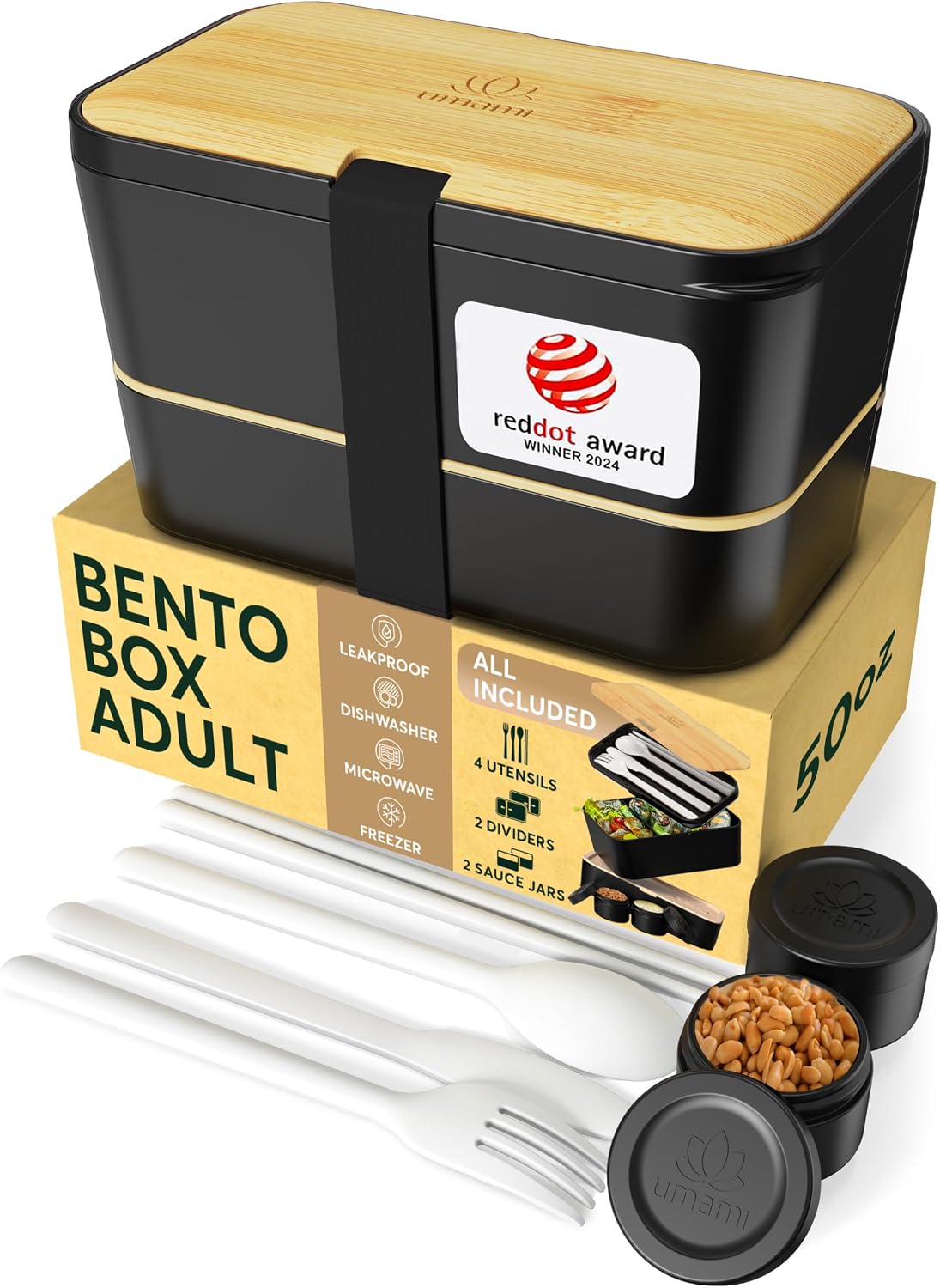 Bento Box Adult, Stackable Lunch Box, 50 oz, Black& Bamboo