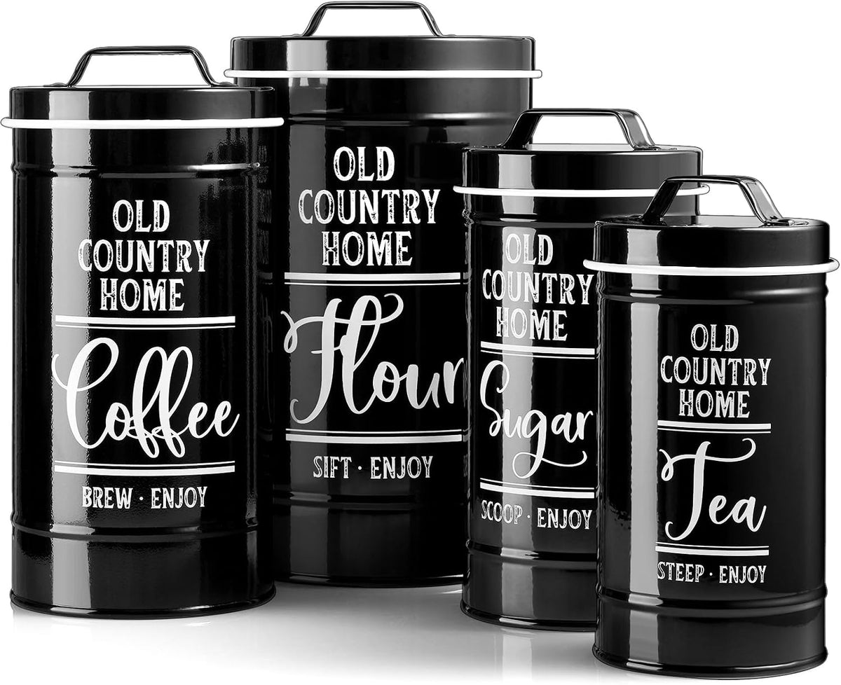 Black Canisters Sets for the Kitchen, Airtight Kitchen Canisters for Countertop, Flour and Sugar Containers, Tea Coffee Sugar Canister Set, Black Kitchen Decor and Accessories, Set of 4