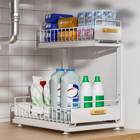 Under Sink Organizer, High Adjustable 2 Tier Under Kitchen Sink Organizer, White