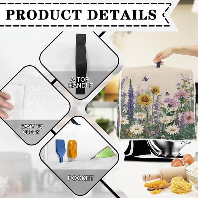 Sunflower Daisy Butterfly Blender Dust Cover for 4.5-5 Qt Kitchen Stand Mixer with Carrying Handle & Accessory Pocket Machine Washable Appliance Protector for Countertop Storage