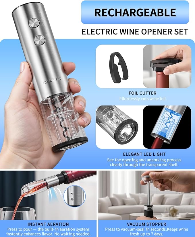 CIRCLE JOY Electric Wine Opener Stainless Steel Rechargeable Automatic Wine Bottle Opener Set 7-in-1 Wine Gifts for Wine Lovers with Charging Base, Foil Cutter, Wine Aerator Pourer & 2 Vacuum Stoppers