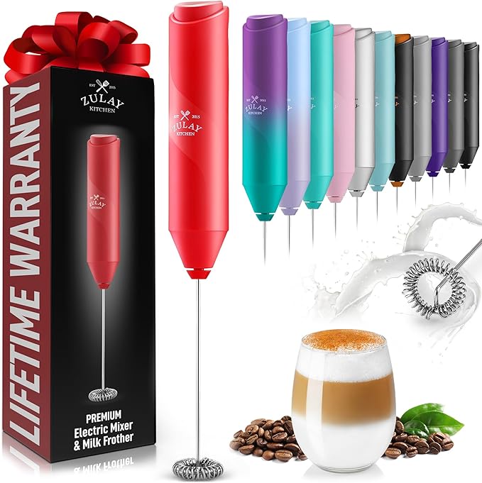 Zulay Kitchen Milk Frother Handheld Battery Operated – Electric Drink Mixer for Coffee, Lattes, Cappuccinos, Matcha & Hot Chocolate – Portable Foam Maker & Coffee Bar Accessory - Apple Red
