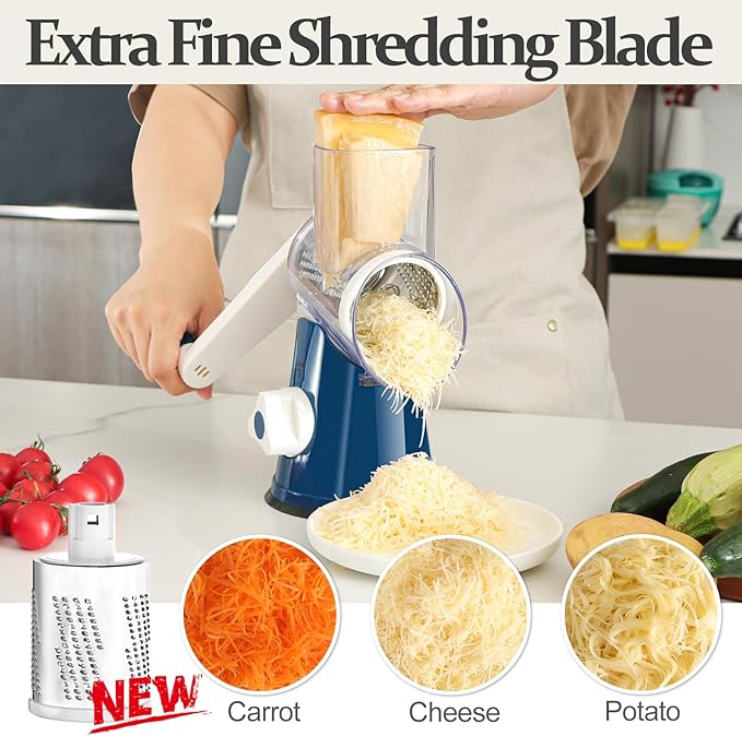 Cambom Rotary Cheese Grater Hand Crank Cheese Shredder for Fresh Cheese, Vegetable, Nuts,Non-slip Suction Base, Five Blades, Dark Blue