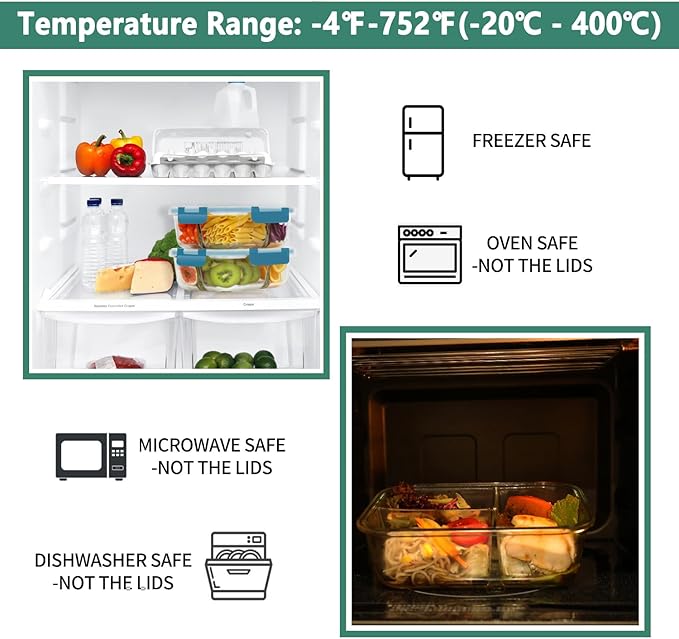 HOMBERKING 8 Pack Glass Meal Prep Containers 3 Compartment, 36oz Glass Food Storage Containers with Lids, Airtight Glass Lunch Bento Boxes, BPA-Free & Leak Proof (8 lids & 8 Containers) - Blue
