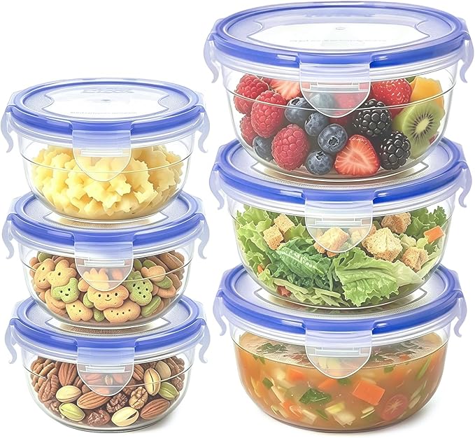 KIGI Leak-Proof Plastic Bowls, Airtight Lid, BPA Free, Ideal for Food Storage, Soup, Snack, Fruit, Meal Prep & Lunch, 4 Sided Locking Lid (2.5 Cup +1.25 cup) 12 Piece Set