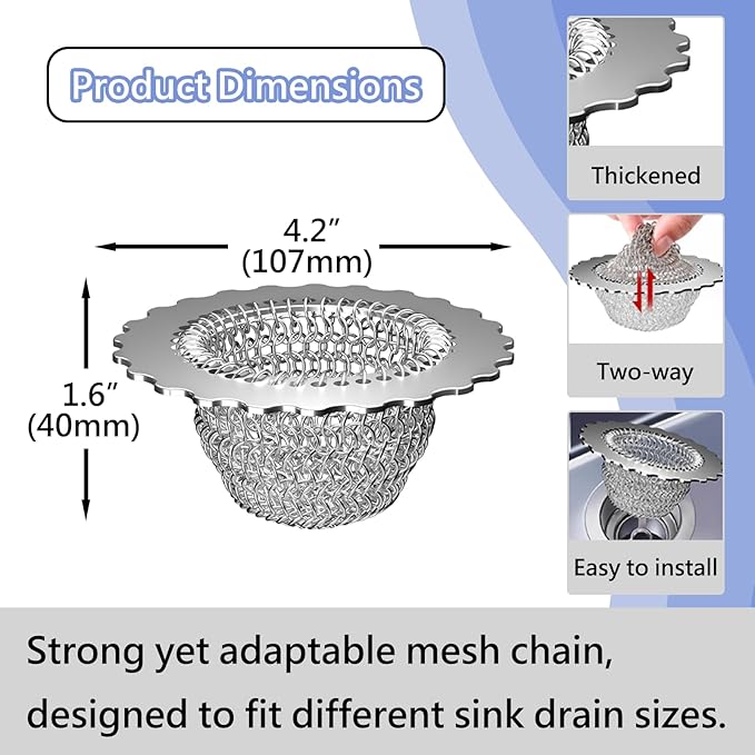 Kitchen Sink Drain Strainer, Patented 304 Stainless Steel Reversible Mesh Strainer with Flexible Chain, Handcrafted Anti-Clog Garbage Disposal Tool, Easy to Clean - 2 Pack