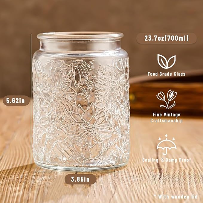 Vintage Glass Jars with Wooden Lids, 4 Pack 24 oz Airtight Glass Food Storage Containers Sets for the Kitchen, Sugar Coffee Candy Spice Cookie Tea Pasta
