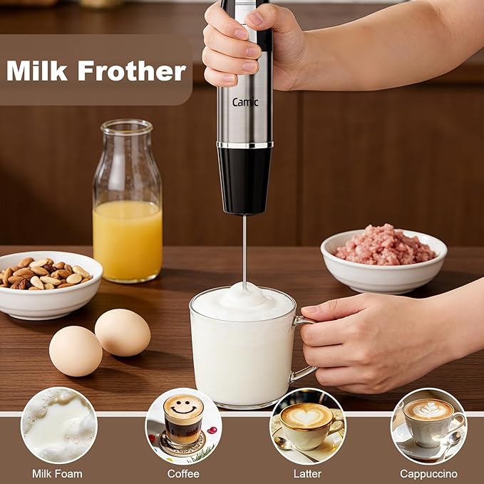 Camic Hand Blender, Cordless Immersion Blender with 6 Speeds, 4 in 1 Portable Mixer Electric Handheld Mixer with Blender, Chopper, Whisk, Frother for Soup, Smoothies, Baby Food and Puree (Black)