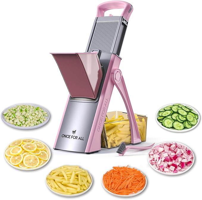 ONCE FOR ALL Upgrade Safe Mandoline Slicer Plus, Adjustable Vegetable Food Chopper Potato Fries French Fry Cutter, Detachable Blade, Kitchen Chopping Artifact, New Kitchen Gift (Pink)