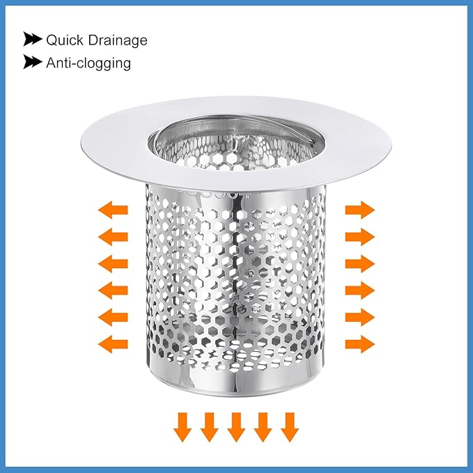 uxcell 3 Pack Shower Drain Strainer, 2" x 2.5" Stainless Steel Floor Drain Strainer Deep Sink Hair Catcher for Kitchen Bathroom Balcony Floor Drain, Fit Hole Size from 1.57" to 2.56"