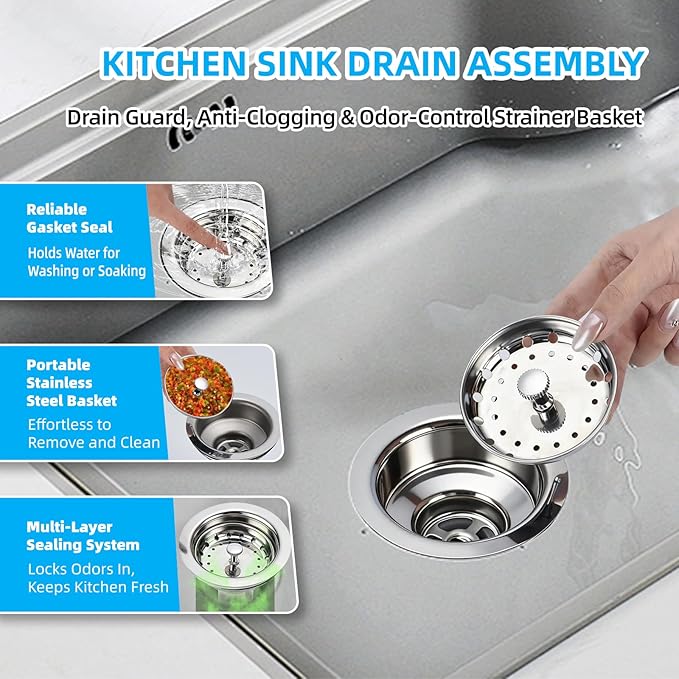 Kitchen Sink Drain Assembly, Stainless Steel Basket Strainer with Knob, 3-1/2 Inch Sink Drain Stopper Plug, Threaded Plastic Sink Strainer Tailpiece 1-1/2 in