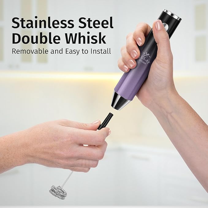 Zulay Kitchen Rechargeable Milk Frother Handheld - Frother Wand, Drink Mixer, Electric Whisk Frother, for Cappuccinos, Matcha & Protein Powder - Lux 4 Whisk 2 Speed Waterproof 2000mAh Black Purple