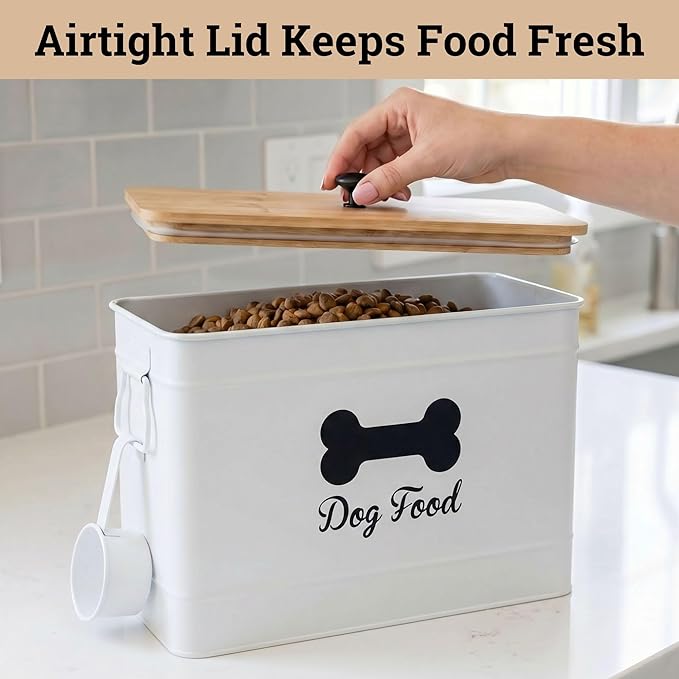 Dog Food Container Airtight 15-20 lb (70 Cup) Capacity with Metal Scoop - Cute Airtight Dog Food Storage Container with Bamboo Lid - White Metal Kibble Storage Bin for Dogs up to 100 lbs - Big Pet Jar
