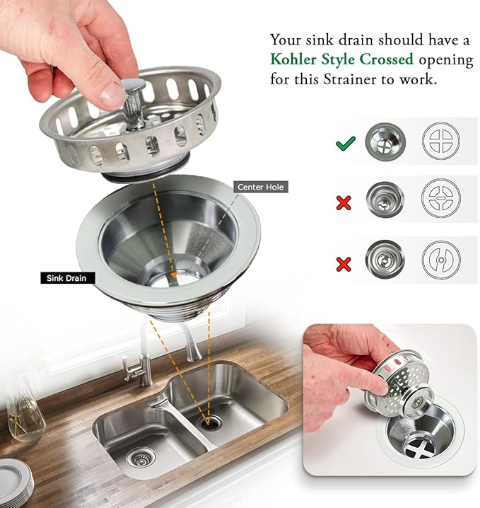 Highcraft 97343 Kitchen Sink Basket Strainer Replacement for Standard Drains (3-1/4 Inch) Stainless Spring Steel Closure and Rubber Stopper, Stainless Steel
