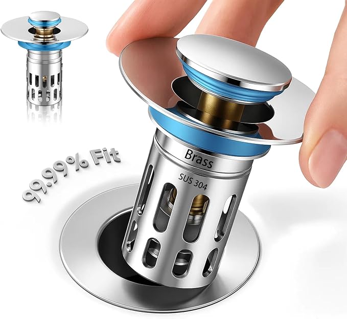 Bathroom Sink Stopper, Pop Up Drain for Bathroom Sink, Sink Plug Hair Catcher, Silent Popper Core with Removable Stainless Steel Filter Basket (Silver Polished, 1 Pack)