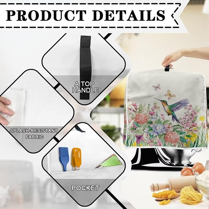 Spring Hummingbird Stand Mixer Cover with Top Handle and Side Pocket Washable Food Processor Dust Cover Compatible with 6-8 Quart Coffee Makers Fingerprint Resistant