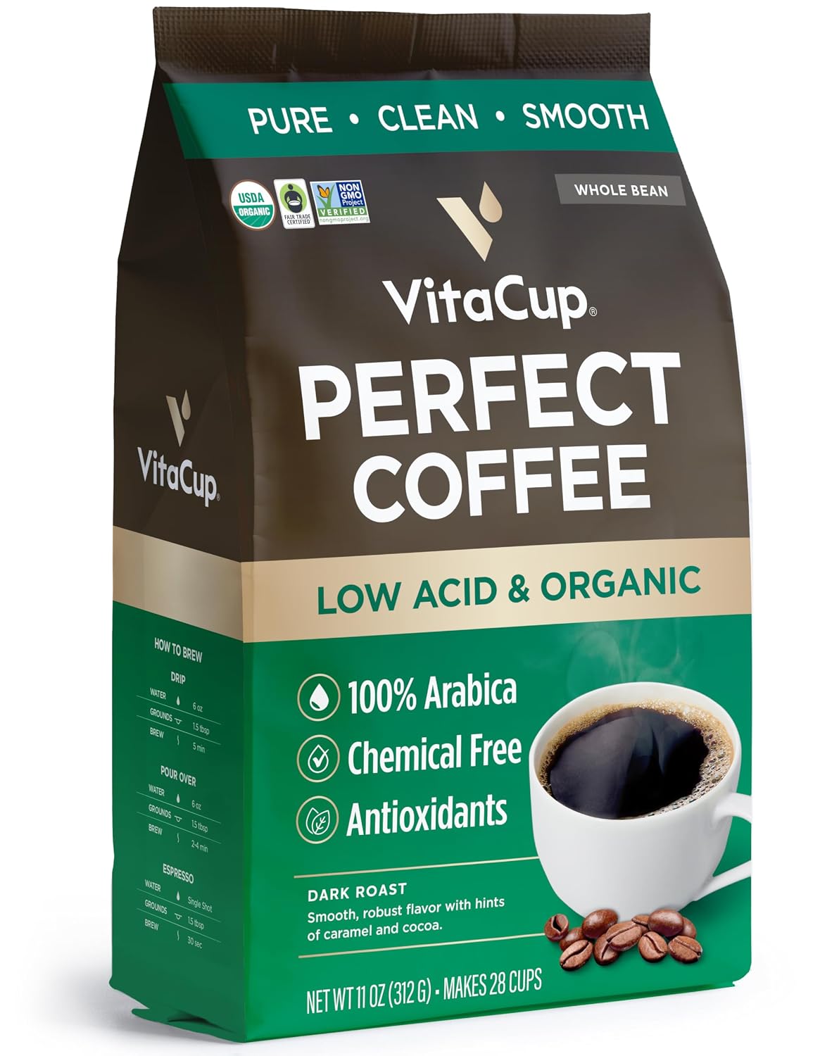Perfect Low Acid USDA Organic Coffee Beans, Fair Trade, 11oz
