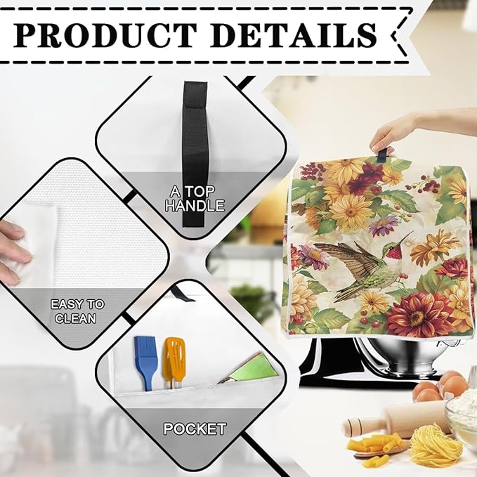 Floral Hummingbird Kitchen Dust Covers for Stand Mixer with Handle & Storage Pocket Oil-Resistant Food Processor Covers for Kitchen Counter Universal Fits 6-8 Qt Kitchen Mixers