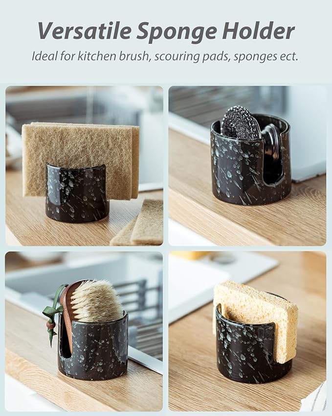 Zoeeker Sponge Holder for Kitchen, Ceramic Sink Caddy Scrub Sponge Rack Dish Rack Scrubbers Holder for Kitchen Sink, Bathroom, Black