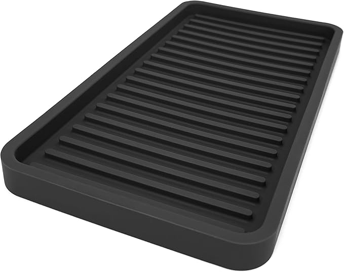 Silicone Kitchen Sink Organizer Tray, Sponge Holder and Countertop Protector | Bathroom and Kitchen Soap Dish and Dispenser Tray (Black, 10"x5.25")