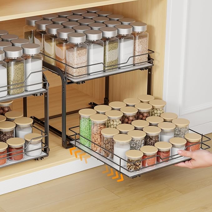 Pull Out Spice Rack Organizer for Cabinet, 2 Tier Spice Rack Organizer for Cabinet, Heavy Duty Slide Out Seasoning Kitchen Organizer, Hold 60 Spice Jar with Labels, 13.58''Wx10.5''Dx9.5''H, Black