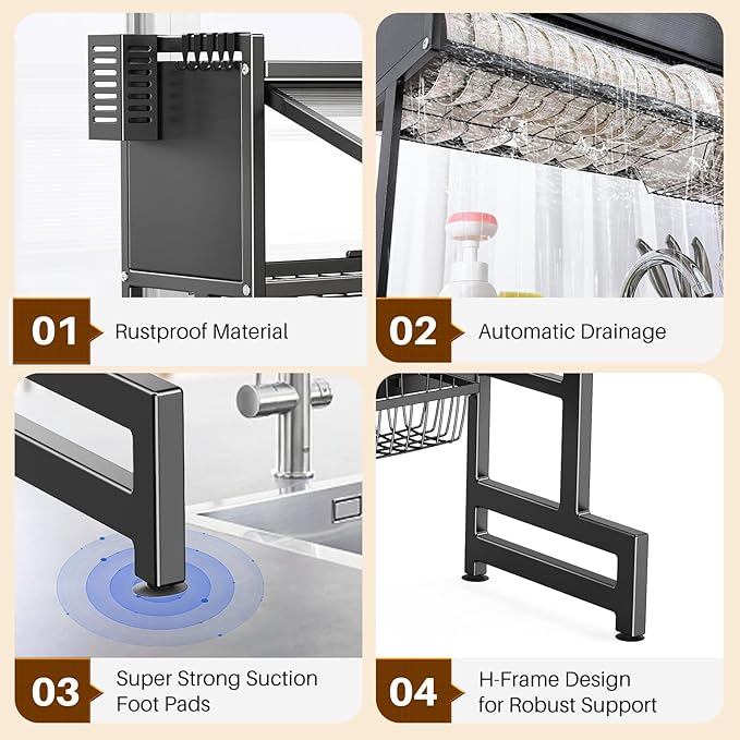 Over The Sink Dish Drainer Drying Rack 3 Tiers with Cover, Keep Kitchen Sink Shlef Organized Space-Saving Dish Drying Rack, Large Stainless Steel Sink Dish Rack for Dishes, Bowls, Cutlery (37.4"w)
