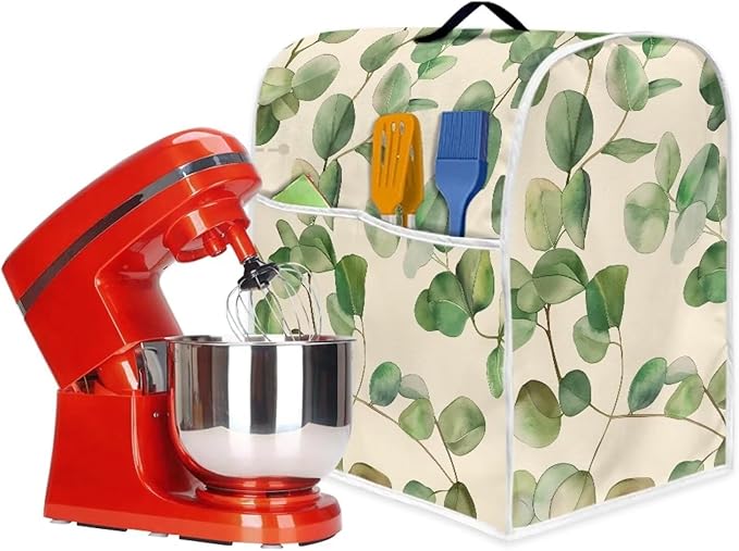 Leaf Print Mixer Dust Cover with Pockets & Handle | Compatible with 4.5-5 Quart Blenders & Mixers | Kitchen Appliance Protector & Decor