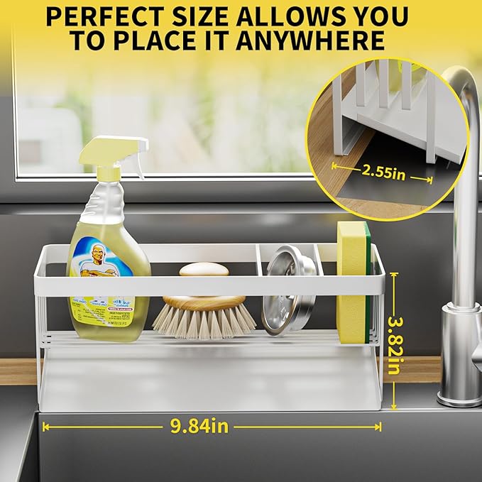 Kitchen Sink Caddy Organzier with Sponge Holder and Removable Drip Tray for Kitchen Sink, 304 Stainless Steel Organize for Sponge Soap Dish Brush Storage Accessories(White)