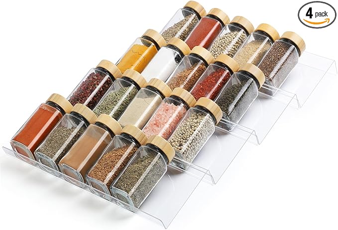 Suneerplay Spice Drawer Organizer 4 Tier, Acrylic Seasoning Organizer Rack, Clear Spice Rack Tray, Kitchen Seasoning Jars Drawers Insert (Jars Not Included/Expandable From 13" to 26")