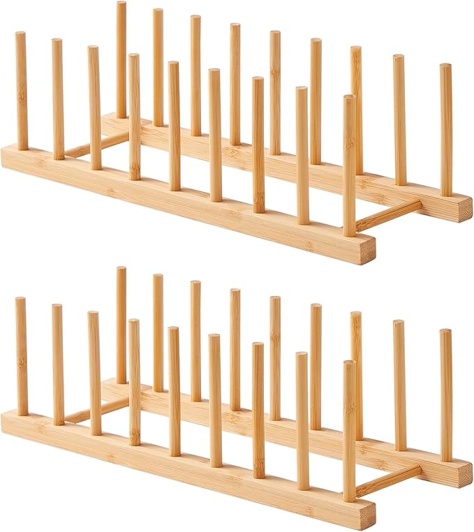 Bamboo Dish Drying Rack-2 PCS Pot Lid Plate Rack Organizer Holder