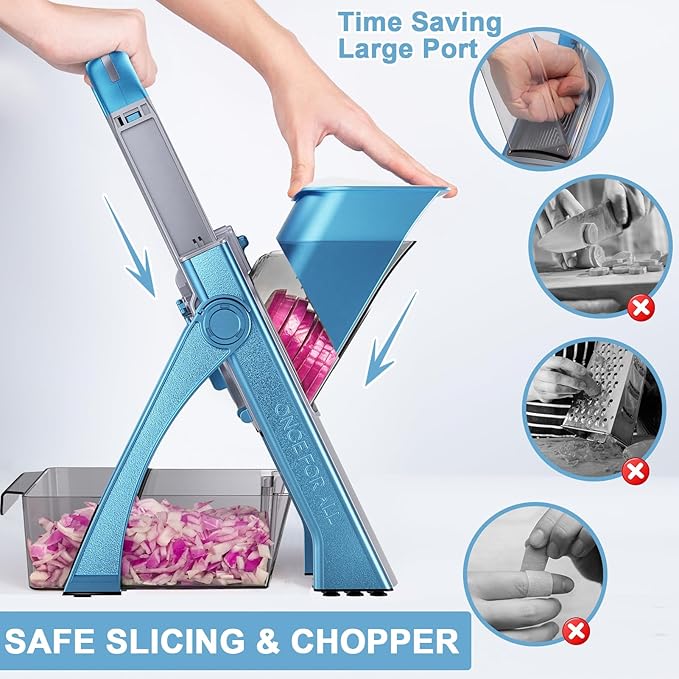 QYKIC Upgrade Safe Mandoline Slicer for Kitchen, Vegetable Chopper and Slicer, Potato Slicer Thickness Adjuster, French Fry Cutter, Veggie Onion Dicer Faster Kitchen Mandolin for Meal Prep (Blue)