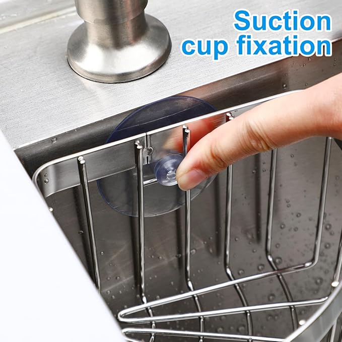 NUOBESTY Sponge Holder for Kitchen Sink, Corner Sink Caddy with Removable Suction Cup, 304 Stainless Steel Organizer Rack Holder for Soap, Brush Sponge, Bathroom, Kitchen Essentials and Gadgets