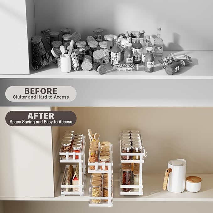 Magheo Pull Out Spice Rack Organizer for Cabinet, 1 Pack Metal Seasoning Organizer Slide Out Spice Storage Shelf No Assembly Vertical Spice Rack Pullout for Kitchen & Bahthroom No Drill(2 Tier,White)