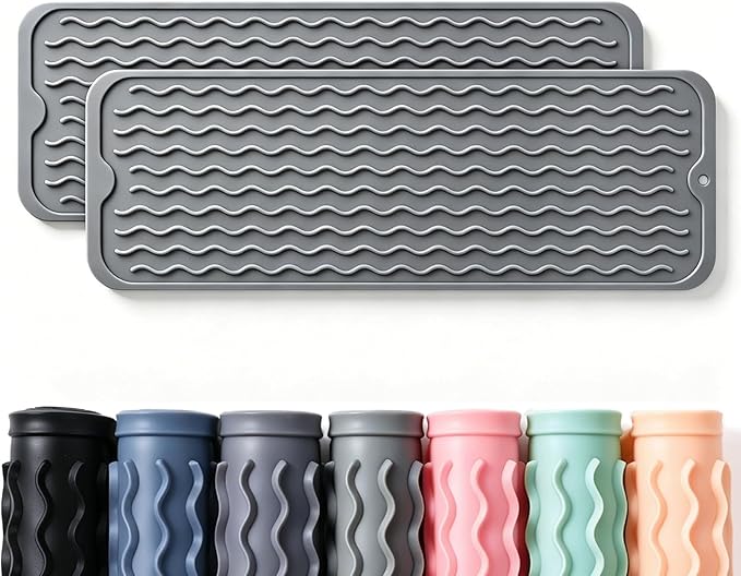 CAKETIME 2 Pack Silicone Dish Drying Mat for Kitchen Counter Waterproof Under Sink Near Faucet with Bathroom Coffee Organizer Soap Holder New Home Essentials Drainers 17"x6" Gray