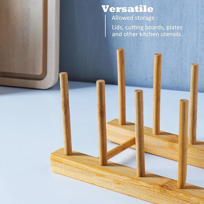 Bamboo Wooden Dish Rack, Plate Organizer for Cabinet Space Saver and Kitchen Counter, Bowl/Cup/Pot Lid/Cutting Board Drying Holder (4 Slots)