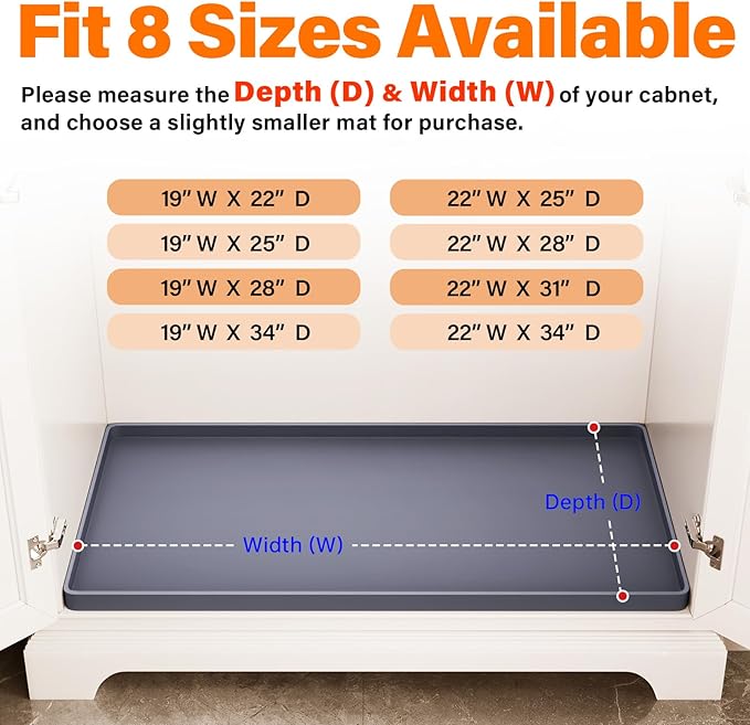 FLATO Waterproof Under Sink Mat 25" x 19" Shelf Liner for Kitchen and Bathroom, Cabinet Protector, Organizers and Storage, Flexible Silicone Drip Tray