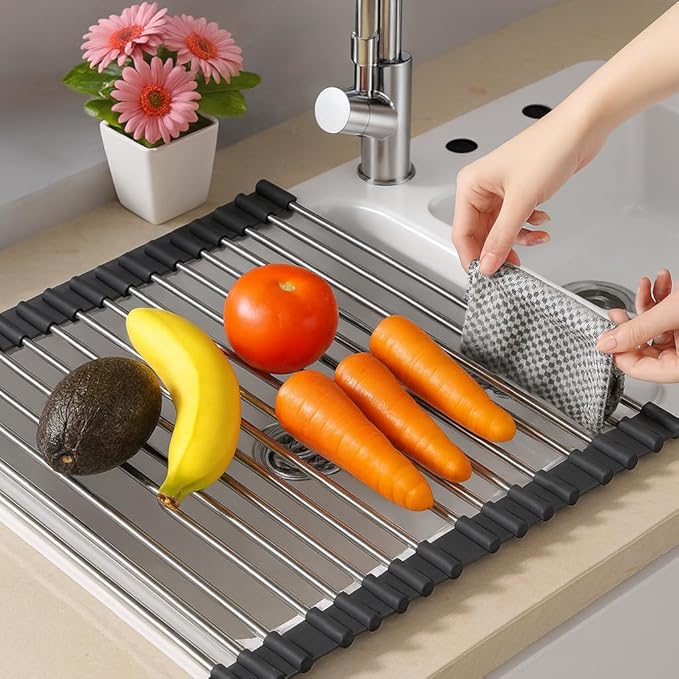 Over Sink Dish Dryng Rack - Roll Up Stainless Stell & Silicone Drying mat, Heat Resistant, Non-Slip & Foldable, Space Saving Kitchen Organizer (17.3"x 15.7")(Black)