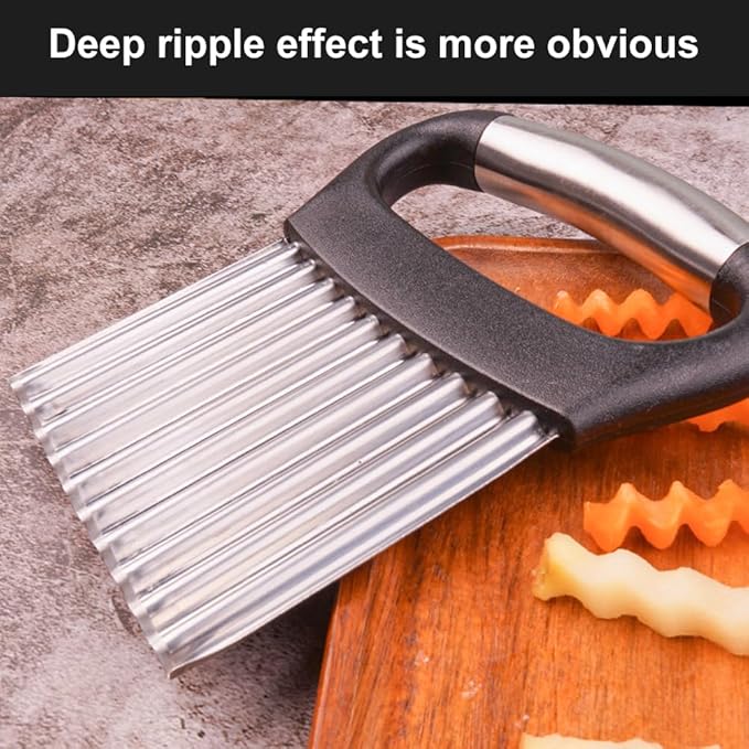 Crinkle Cutter, Stainless Steel French Fry Cutter For Potatoes Cucumbers Carrot, Ergonomic Kitchen Tool Wavy Chopper Waffle Fry Cutter With Handle for Fruits,Vegetables,Salads(Silver+Black)