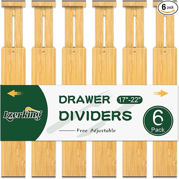 Lzerking Kitchen Drawer Dividers 6 Pack, 17-22" Adjustable Bamboo Drawer Organizers Large, Spring Loaded, Expandable Utensil Organizer, Works in Kitchen, Dresser, Closet, Bathroom, Bedroom
